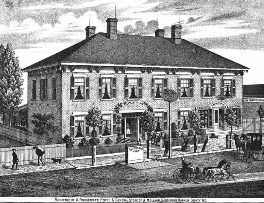 Photo: The A. Fischesser home and general store, and hotel of A. Mollaun. From the 1882 Atlas of Franklin County.