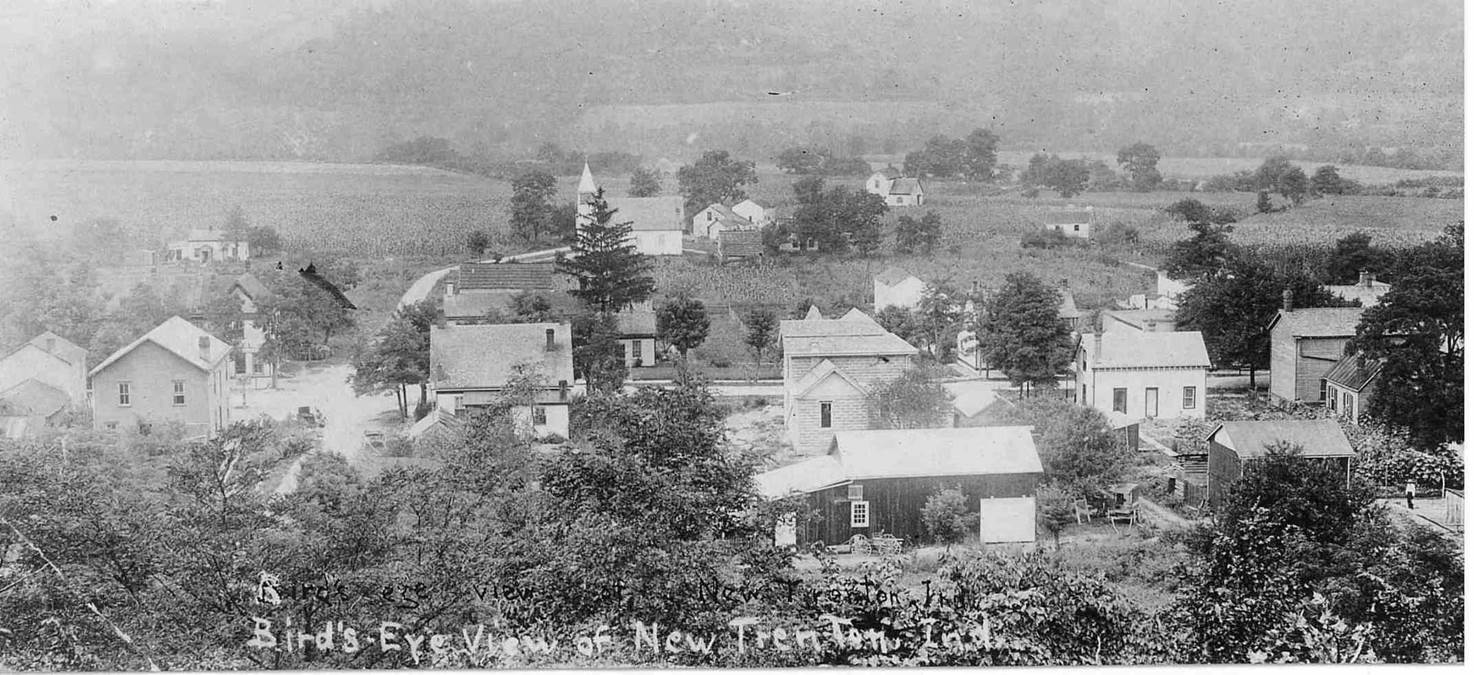 Photo with caption: New Trenton as it looked circa 1900. The Methodist Church is in the center background.