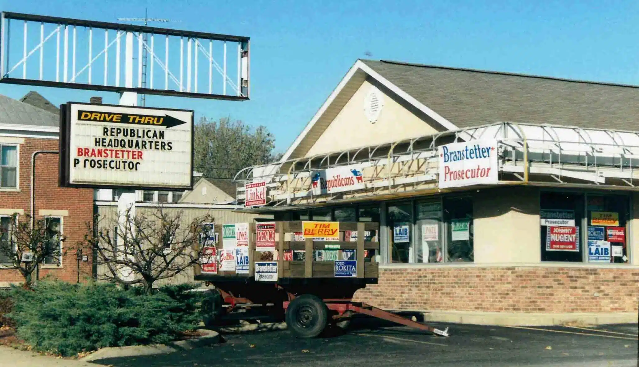 Photo with caption: 819 Main Street, Brookville; location of the Meeks’ house. This was the former Subway sandwich shop as it looked in November 2006, as the temporary Republican headquarters. FCPLD collection.