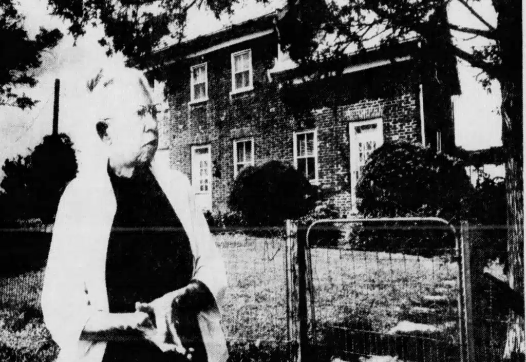 Photo with caption: Ruth Huber pictured outside her historic home in New Fairfield. From the August 18, 1979, Richmond Palladium Item.