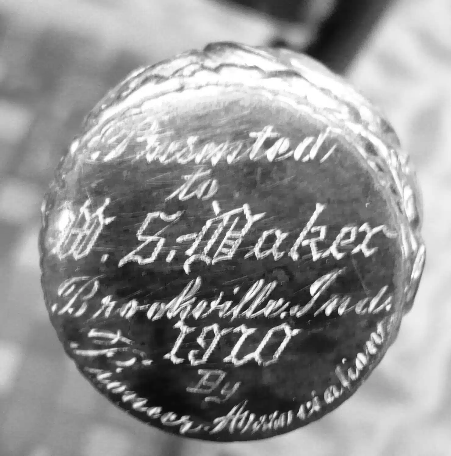 Photo: Metal-tipped cane inscribed to Baker.