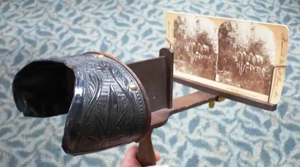 Photo with caption: A stereoscope from the Tom Stander collection at the Brookville Library.
