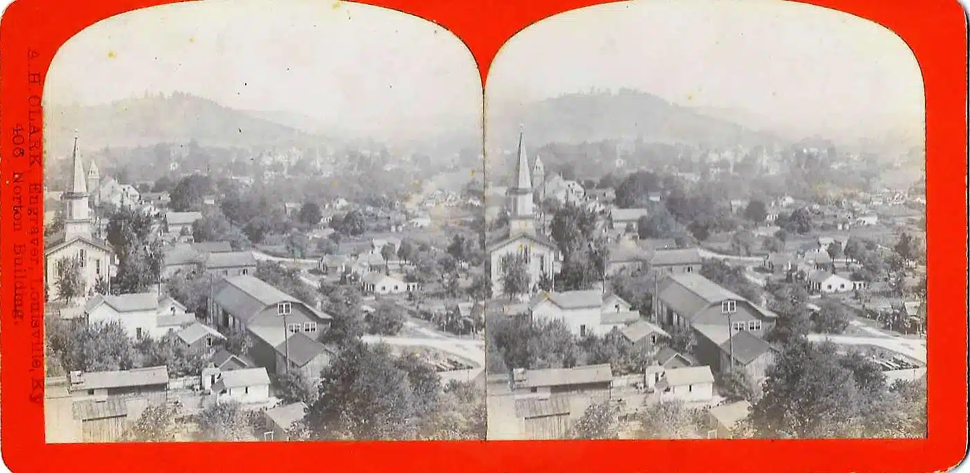 Photo with caption: Brookville from the courthouse steeple, as photographed by William Birch Millis on August 21, 1906. Courtesy of Dr. James Senefeld.