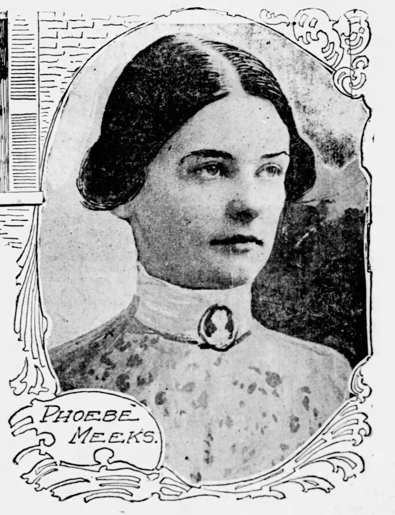 Photo with caption: A likeness of Phoebe Meeks said to have come from a photograph. It appeared in the July 22, 1900 St. Louis Post Dispatch [Missouri].