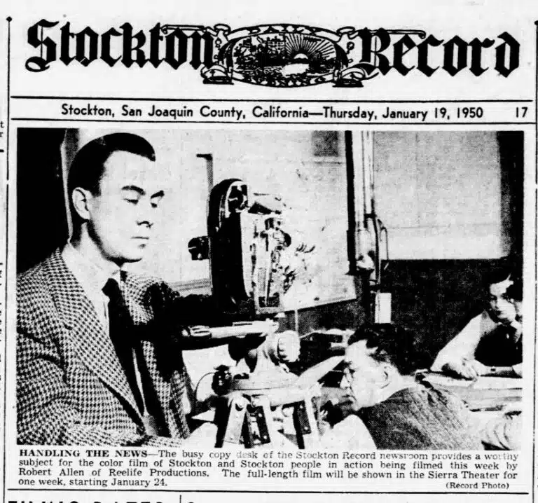 Photo with caption: R.W. Allen filming. From the January 19, 1950 Stockton Record of California.