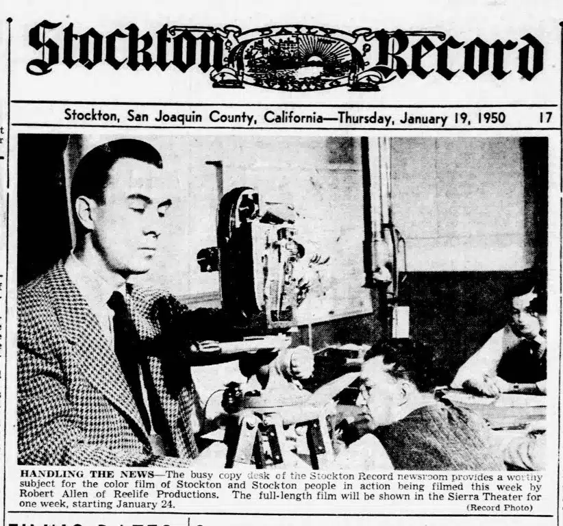 Photo with caption: R.W. Allen filming. From the January 19, 1950 Stockton Record of California.