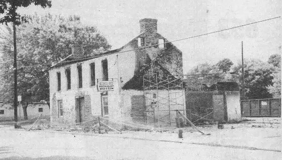 Photo with caption: The Manwarring tavern as it looked after the fire. From the April-May 1994 Whitewater Valley Explorer.