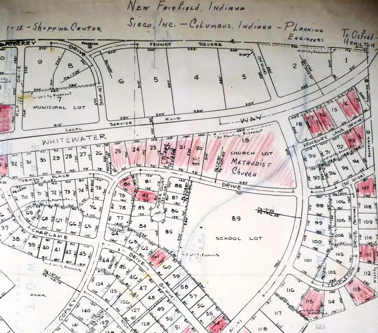 Photo with caption: A partial section of the plan for New Fairfield from Ruth’s scrapbook. FCPLD collection.