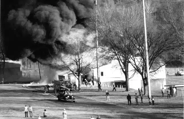 Photo with caption: The 4-H building on fire in 1981.
Photo courtesy of Greg Pflum.