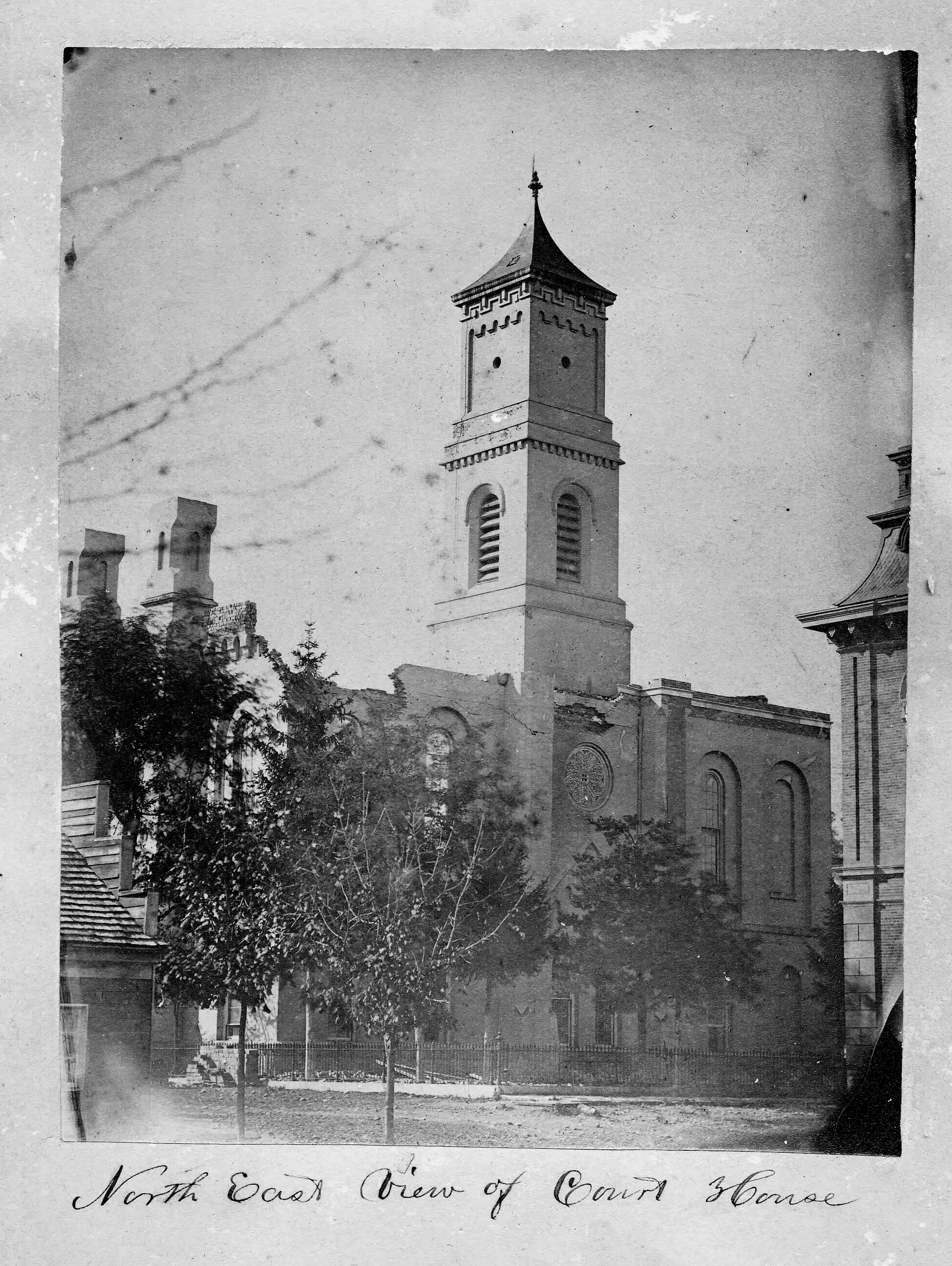 Photo with caption: Northeast view of the 1877 courthouse roof collapse. Franklin County Historical Society collection.