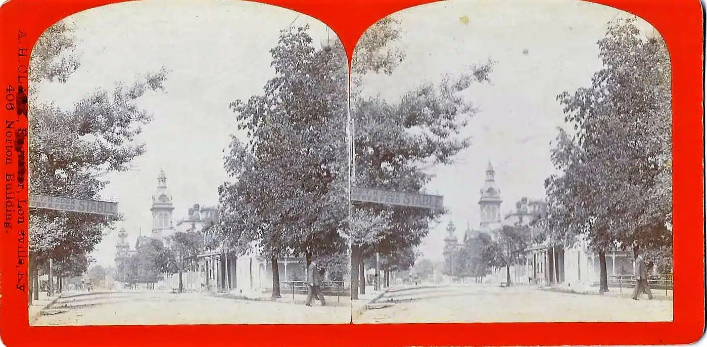 Photo with caption: On Brookville’s Main Street, looking north, as photographed by William Birch Millis on August 13, 1906. Courtesy of Dr. James Senefeld.
