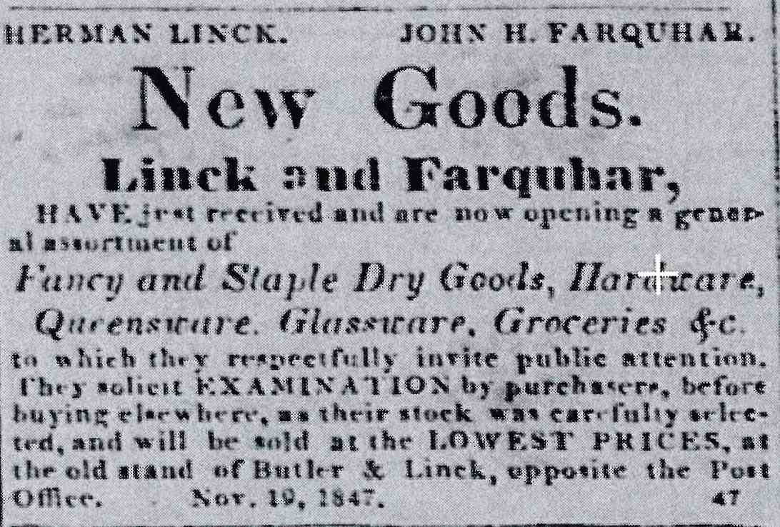 Photo with caption: Ad for Linck and Farquhar’s store from the December 10, 1847 Indiana American.