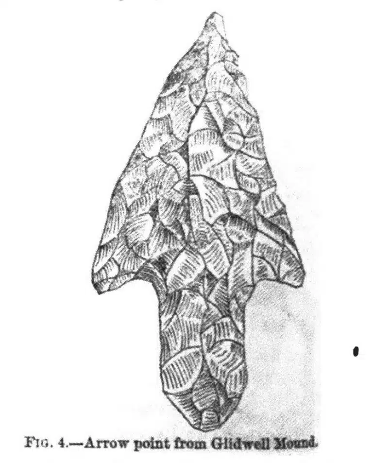 Photo with caption: Rendering of a point found during Glidewell Mound excavations. From Dr. Homsher’s report The Glidwell [sic] Mound, Franklin County, Indiana.