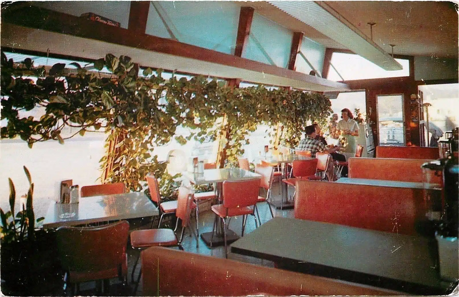Photo with caption: Way Fair Drive-In Restaurant interior from a postcard postmarked 1969. It said “Featuring Col. Sanders’ Kentucky Fried Chicken, in the beautiful tropical dining room.”
