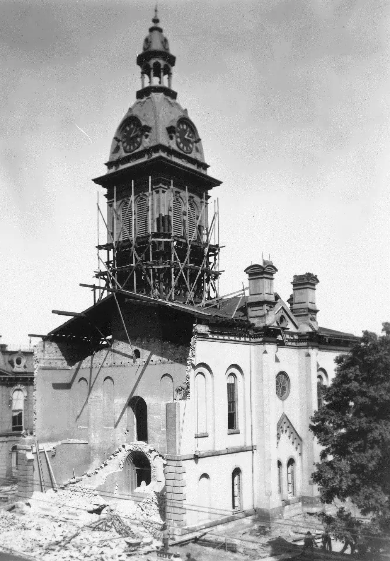 Photo with caption: 1911 was the last time anyone saw the Edwin May version of the Franklin County Courthouse. From 1910-12 extensive remodeling was done to create the structure we see today. Photo taken by John Baker, September 14, 1911. FCPLD image.