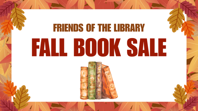 Graphic with text: Friends of the Library Fall Book Sale