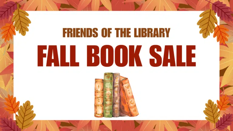 Graphic with text: Friends of the Library Fall Book Sale