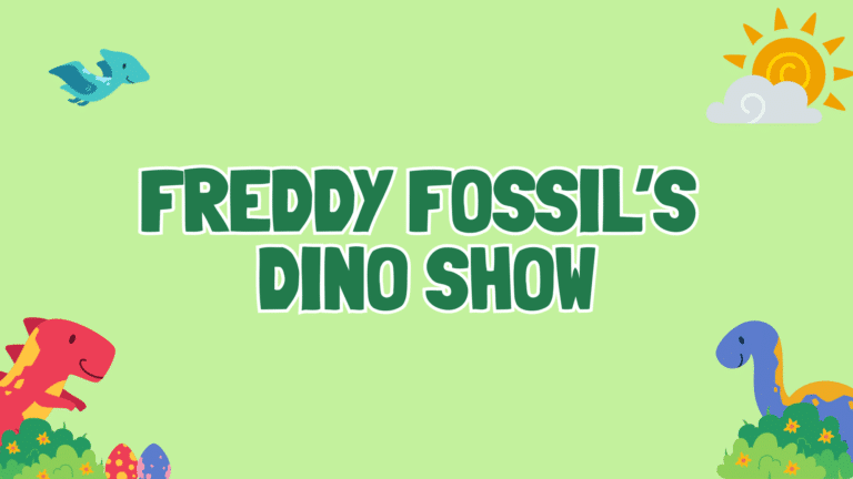 Graphic with text: Freddy Fossil's Dino Show