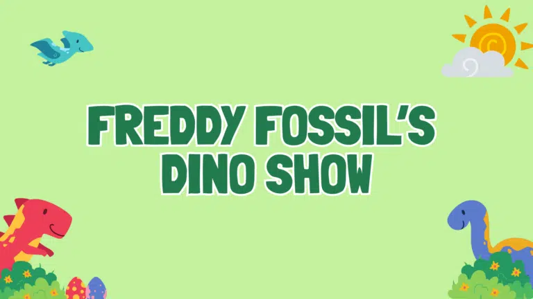 Graphic with text: Freddy Fossil's Dino Show