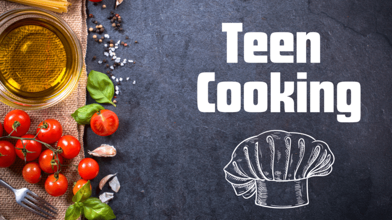 Graphic with text: teen cooking.